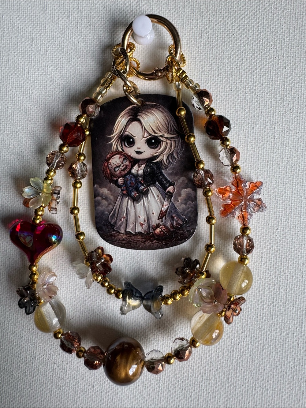 Halloween Handmade Gold-Tone Bride of Chucky Phone Charm.